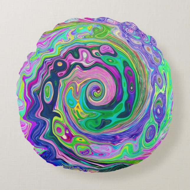 Cojín Redondo Groovy Resumen de Aqua y Navy Lava Swirl (Anverso)