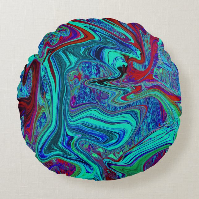 Cojín Redondo Groovy Resumen de arte retro en azul y rojo (Anverso)