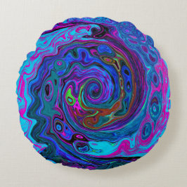 Cojín Redondo Groovy Resumen Retro Azul y Púrpura Swirl