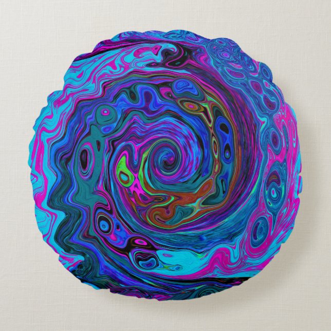 Cojín Redondo Groovy Resumen Retro Azul y Púrpura Swirl (Anverso)