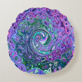 Cojín Redondo Groovy Resumen Retro Green y Purple Swirl