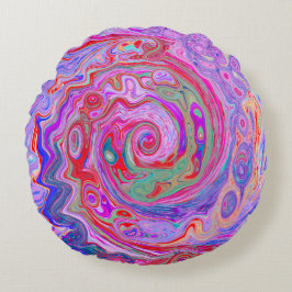 Cojín Redondo Groovy Resumen Retro Rojo, Púrpura y Rosa Swirl