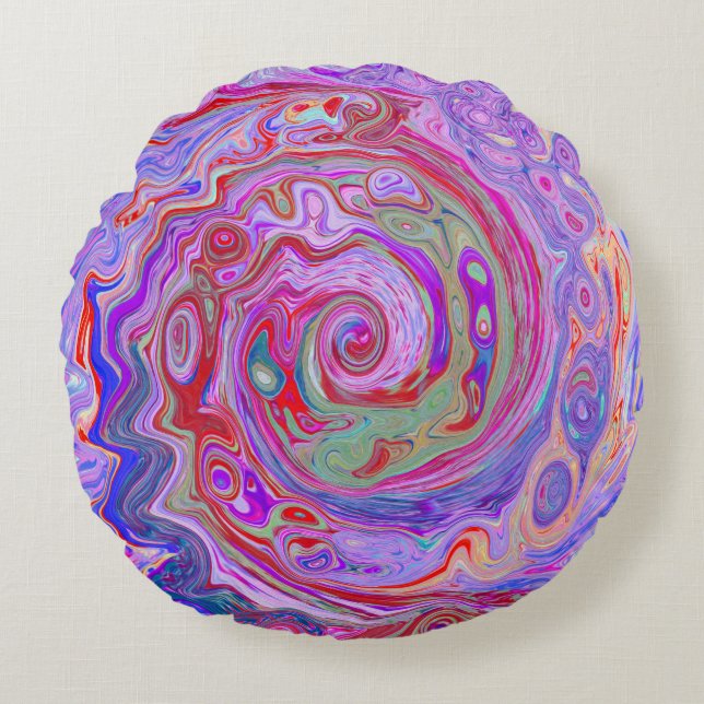 Cojín Redondo Groovy Resumen Retro Rojo, Púrpura y Rosa Swirl (Anverso)