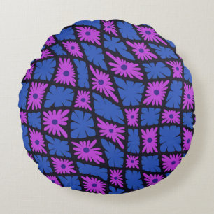 Cojín Redondo Groovy Wavy Trippy 60 Flores Cheques Blue Pink