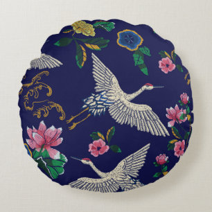 Cojín Redondo Grúas, olas y flores japonesas. Embroidery ill