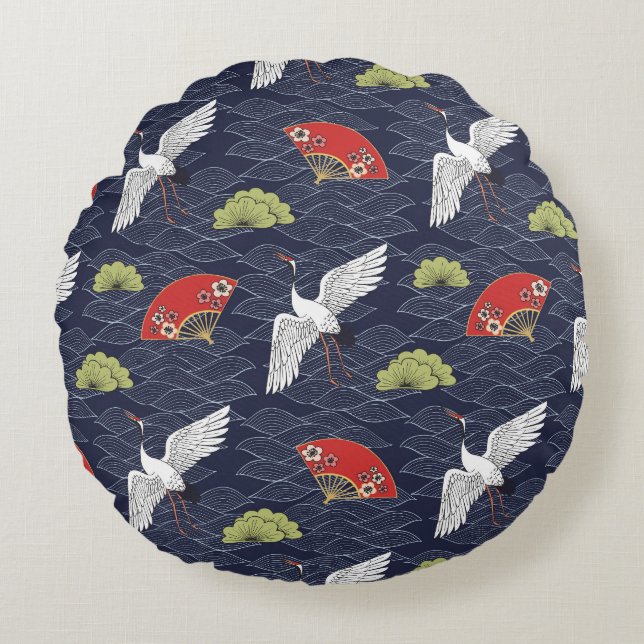 Cojín Redondo Grullas y fans japoneses: Patrón de cosecha (Anverso)