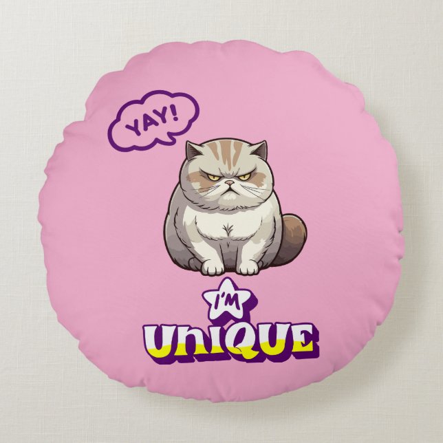 Cojín Redondo Grumpy Cat "YAY! I'm Unique" Funny  (Anverso)