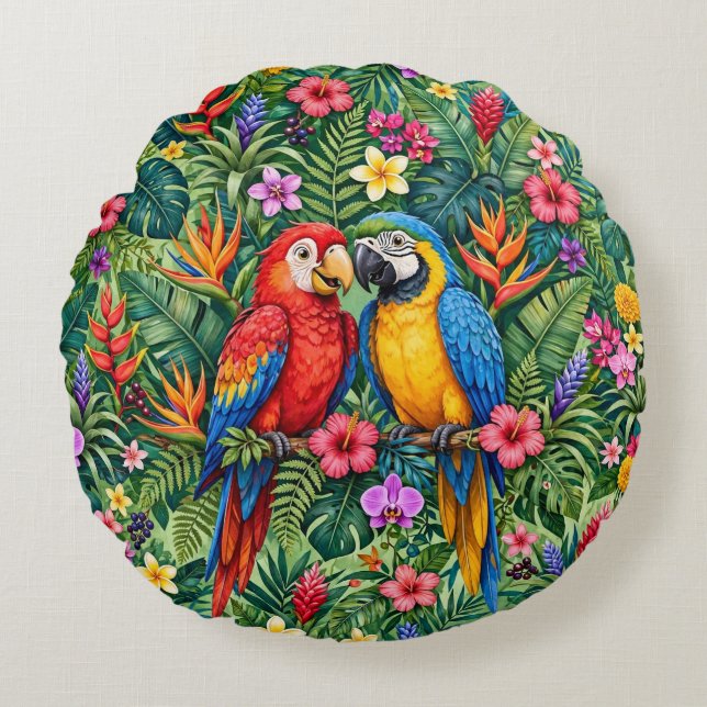 Cojín Redondo Guacamayos de la selva Loros alegres Flores vibran (Anverso)