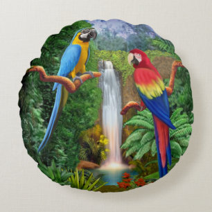 Cojín Redondo Guacamayos Loros Tropicales