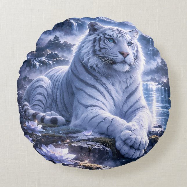 Cojín Redondo Guardian White Tiger – Silent Strength and Gentle  (Anverso)
