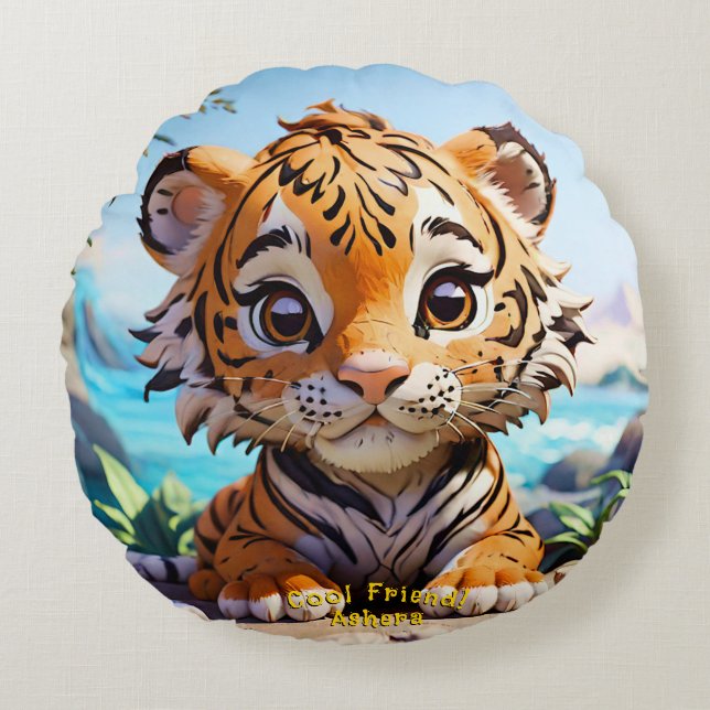 Cojín Redondo "Guay Friend Jungle Tiger Vibrant Naranja Hue Text (Anverso)