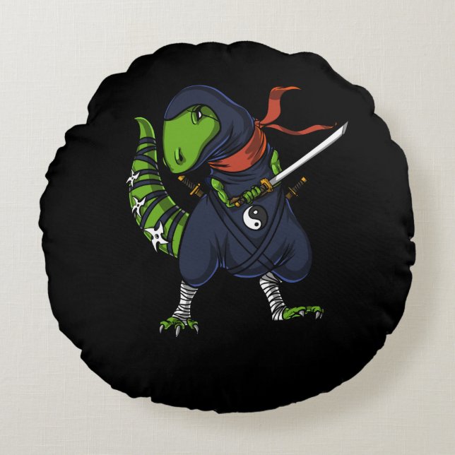 Cojín Redondo Guerrero de Ninja Samurai Dinosaur T-Rex (Anverso)