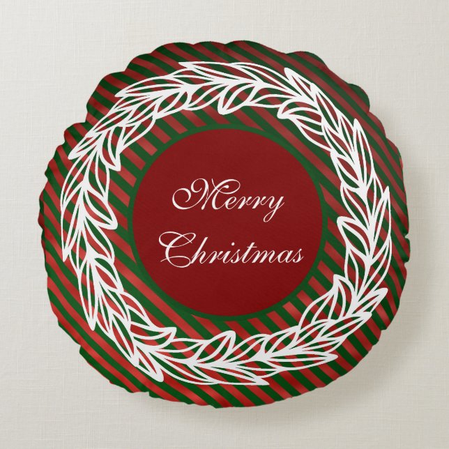 Cojín Redondo Guirnalda blanca estilizada en franjas rojas y ver (Anverso)
