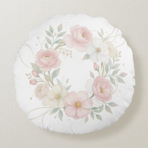 Cojín Redondo Guirnalda floral pastel rosa elegante diseño botán