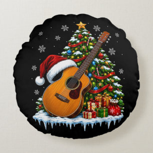 Cojín Redondo Guitarra de Música Festiva Feliz Navidad Árbol