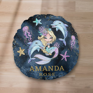 Cojín Redondo Habitación de niña personalizada azul dorada siren