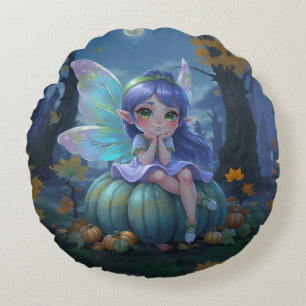 Cojín Redondo Hada linda en una calabaza azul