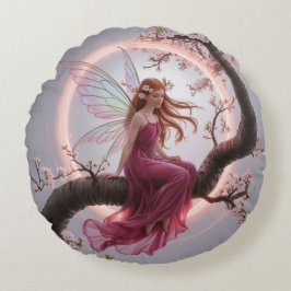 Cojín Redondo Hada mágica entre flores de cerezo – Ilustración d
