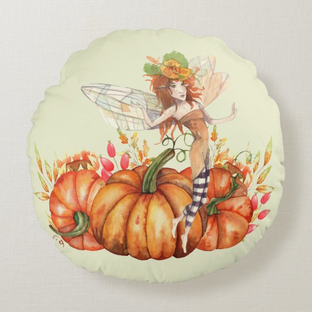 Cojín Redondo Hadas forestales y Bouquet de calabaza otoñal (Anverso)