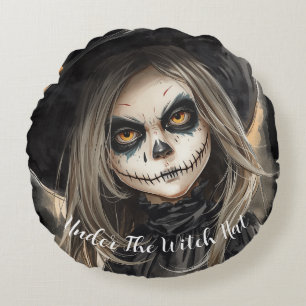 Cojín Redondo Halloween, Bajo el Sombrero de Bruja, Espeluznante