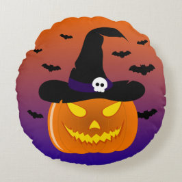 Cojín Redondo Halloween Calabaza Jack o’ Lantern Witch Gorra