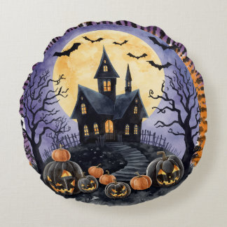 Cojín Redondo Halloween,Casa Embrujada, Calabazas Espeluznantes,