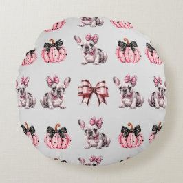 Cojín Redondo Halloween Coquette Bulldog Bow calabaza rosa