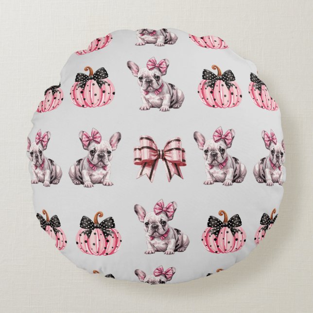 Cojín Redondo Halloween Coquette Bulldog Bow calabaza rosa (Anverso)