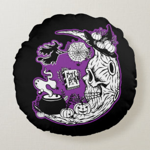 Cojín Redondo Halloween Crescent Moon Witch Skull
