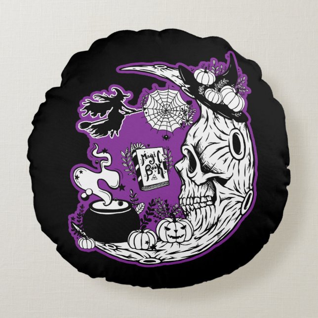 Cojín Redondo Halloween Crescent Moon Witch Skull (Anverso)