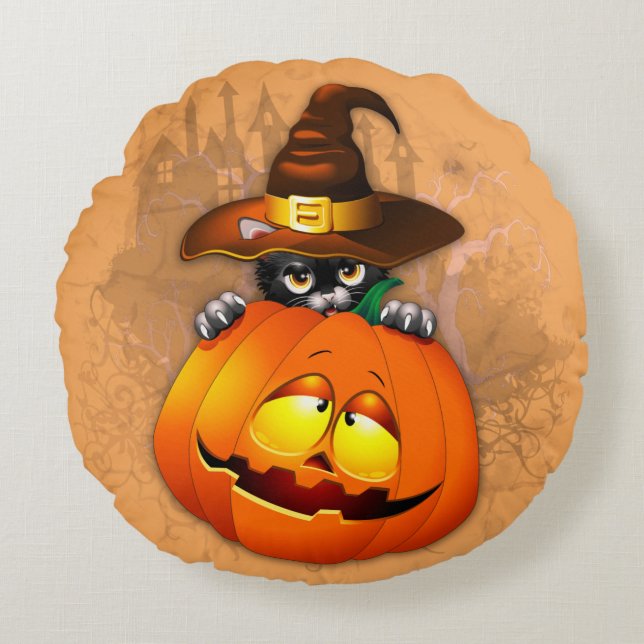 Cojín Redondo Halloween Curte Kitty Witch and Pumpkin Friend (Anverso)