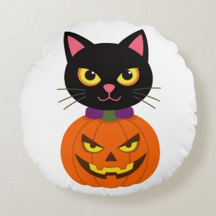 Cojín Redondo Halloween de Black Cat & Jack-O'-Lantern espeluzna
