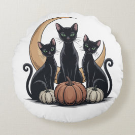 Cojín Redondo Halloween de la Luna de Calabaza de Gatos Negros W