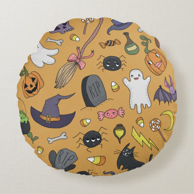 Cojín Redondo Halloween Doodle Objects Seless Pattern (Anverso)
