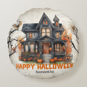 Cojín Redondo Halloween es una casa embrujada con curiosos retro