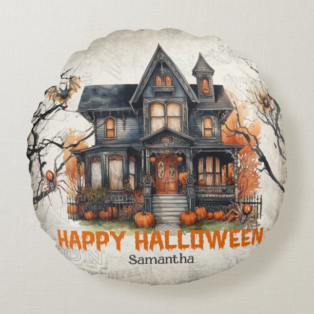 Cojín Redondo Halloween es una casa embrujada con curiosos retro (Anverso)