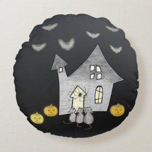 Cojín Redondo Halloween House, gatos negros, murciélagos, calaba