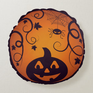 Cojín Redondo Halloween Jack o linterna cara de calabaza y araña