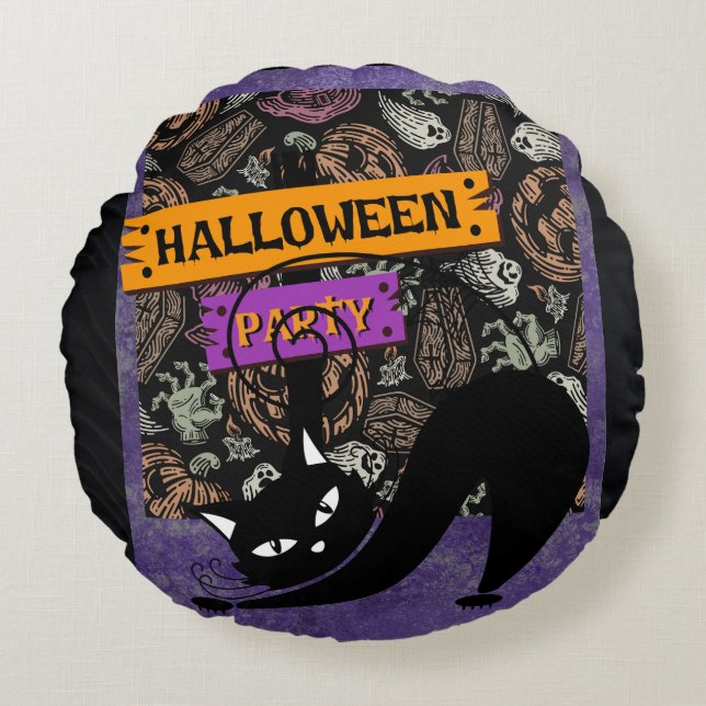 Cojín Redondo Halloween Party and Black Cat , Throw Pillow (Anverso)