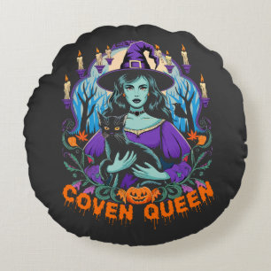 Cojín Redondo Halloween QUEEN Witch Art con diseño de gato negro