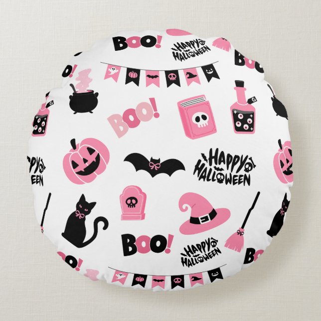 Cojín Redondo Halloween rosa y negro (Anverso)