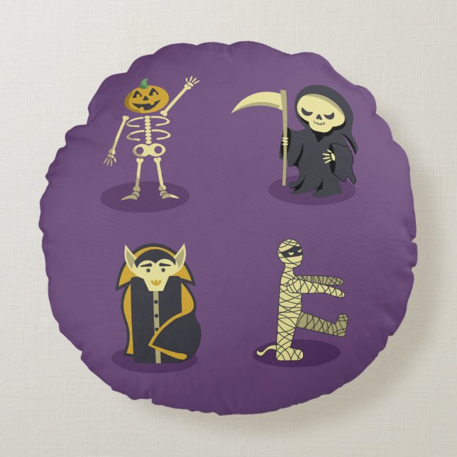 Cojín Redondo Halloween Skeleton Dracula Mummy Grim Reaper (Anverso)