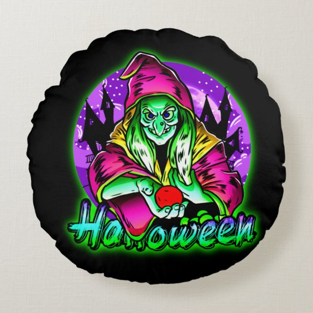 Cojín Redondo Halloween Spooky Green Witch Magic Gorra Apple (Anverso)