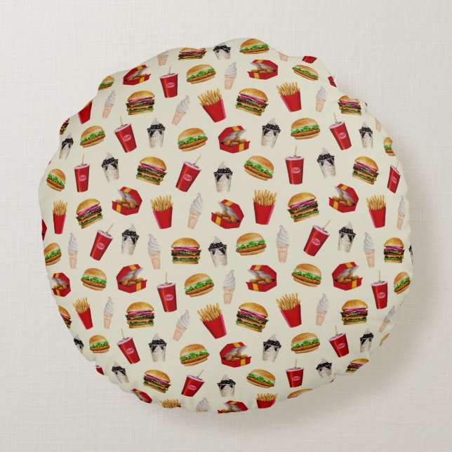 Cojín Redondo Hamburguesas de comida rápida, fritas, domingos (Reverso)