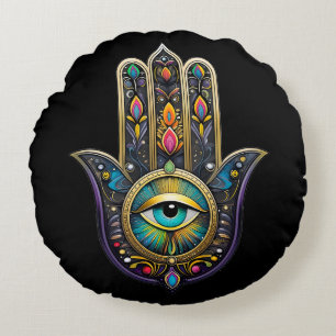 Cojín Redondo Hamsa negro colorido con tercer ojo turquesa