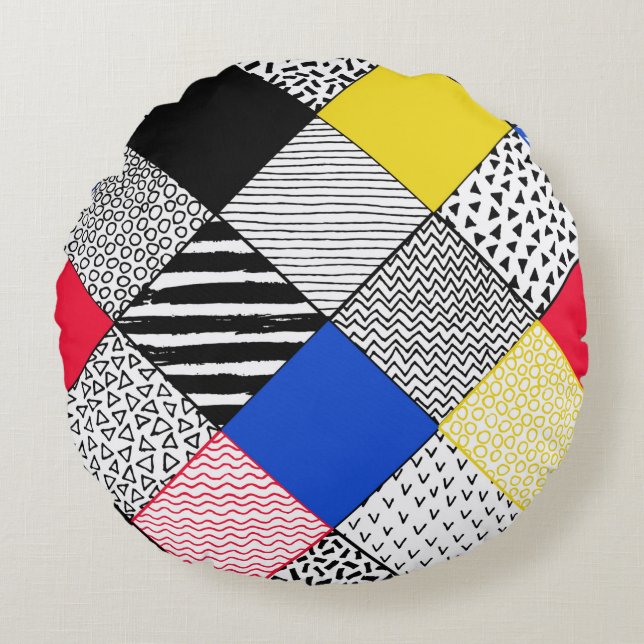 Cojín Redondo Hand Drawn Patchwork Background. Childish textured (Anverso)