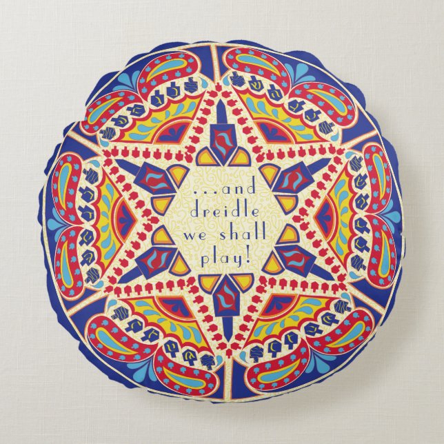 Cojín Redondo Hanukkah Ronda Pillow "Chanukah Paisley Dreocito" (Anverso)