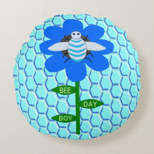 Cojín Redondo Happy Bee Day Boy Blue Birthday Bumblebee