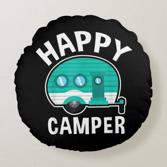 Cojín Redondo Happy Camper Camping Car Caravan Funny Vacation (Anverso)