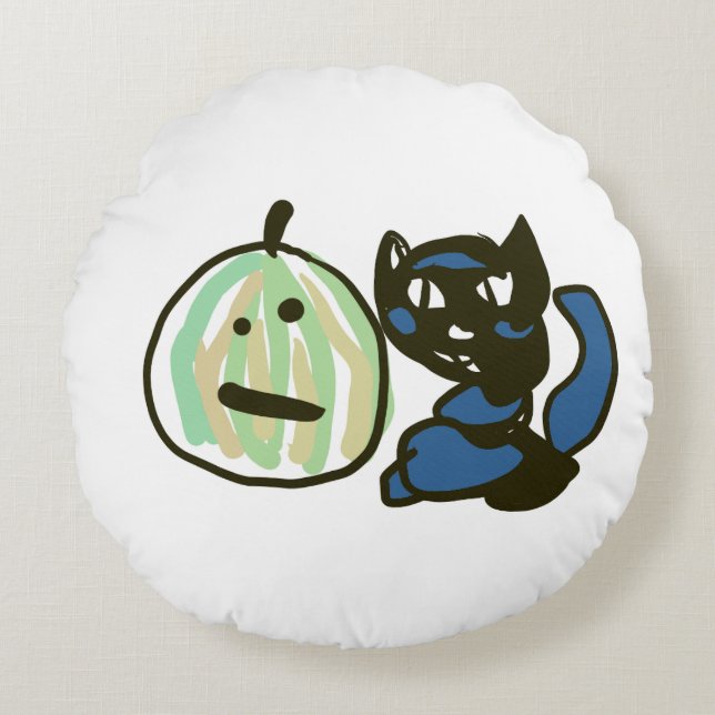 Cojín Redondo Happy Green Jack o Lantern Black Cat  (Anverso)